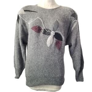 Vintage 80s Cristina  Floral Beaded Silk Angora Sweater size Medium